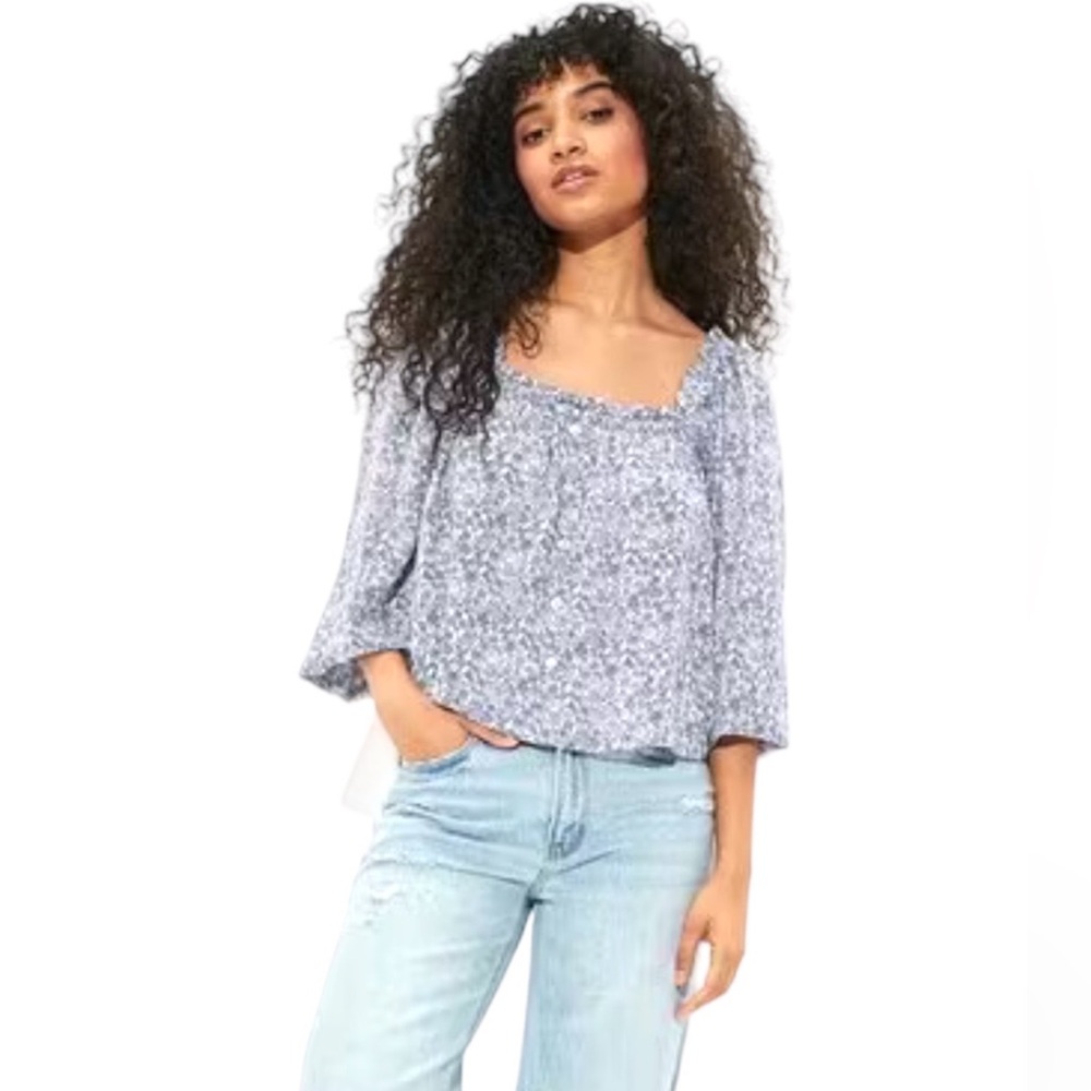 American Eagle Blue Floral Print Off The Shoulder Blouse L